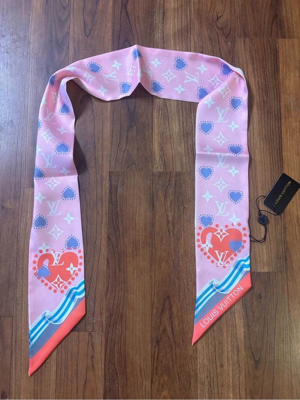Pink Heart Print Silk Twilly Scarf Bag Scarf